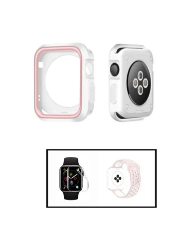 Kit Capa DoubleColor + SportyStyle + P. Gel para Apple Watch Series 3 - 42mm - Branco / Rosa / Rosa / Branco