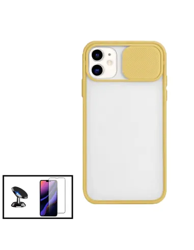 Kit Capa Slide Window Frosted + Vidro Temperado Premium + Suporte Magnético para iPhone 11 - Amarelo