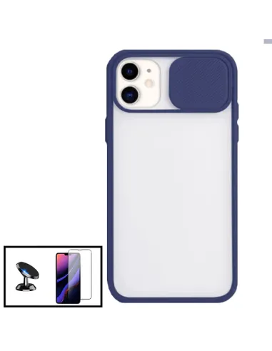 Kit Capa Slide Window Frosted + Vidro Temperado Premium + Suporte Magnético para iPhone 11 - Azul Escuro