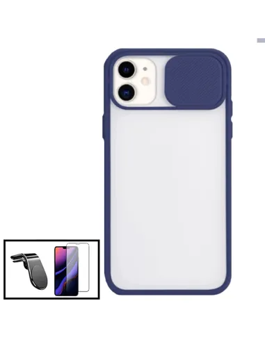 Kit Capa Slide Window Frosted + Vidro Temperado Premium + Suporte Magnético L para iPhone 11 - Azul Escuro