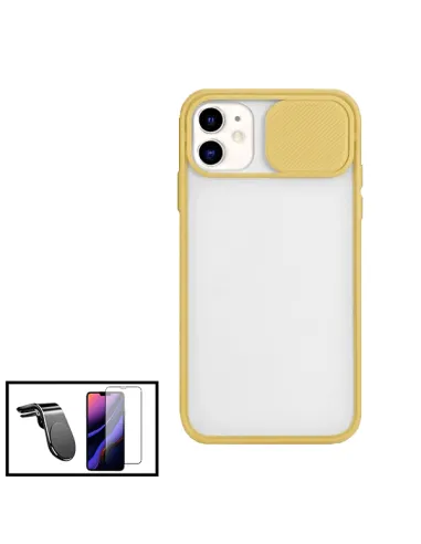 Kit Capa Slide Window Frosted + Vidro Temperado Premium + Suporte Magnético L para iPhone 11 Pro Max - Amarelo