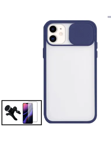 Kit Capa Slide Window Frosted + Vidro Premium + Sup Reforçado para iPhone 11 Pro Max - Azul Escuro