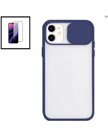 Kit Capa Slide Window Frosted + Vidro Temperado Premium para iPhone 11 Pro Max - Azul Escuro