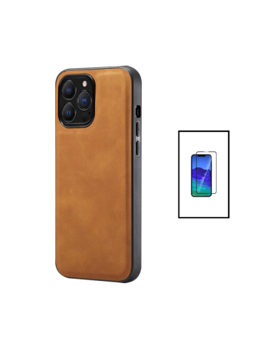 Kit Capa MagneticLeather + Película de Vidro 5D Full Cover para Apple iPhone 14 Pro Max - Castanha