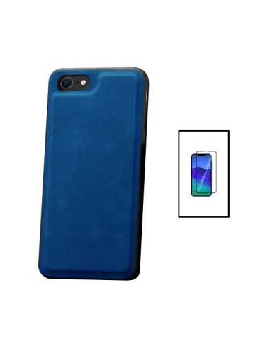 Kit Capa MagneticLeather + Película de Vidro 5D Full Cover para Apple iPhone SE 2022 - Azul