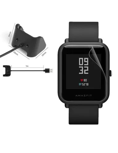 Kit Carregador + Película Protectora Ecrã Gel Full Cover para AmazFit Bip