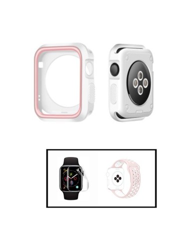 Kit Capa Military DoubleColor + Bracelete SportyStyle + Película de Hydrogel para Apple Watch Series 4 - 44mm - Branco / Rosa / 
