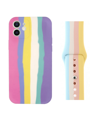 Kit Capa Silicone Líquido + Bracelete SmoothSilicone Rainbow para iPhone 12 / Apple Watch Edition Series 7 - 41mm