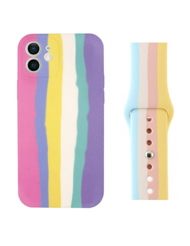 Kit Capa Silicone Líquido + Bracelete SmoothSilicone Rainbow para iPhone 12 / Apple Watch Edition Series 7 - 45mm