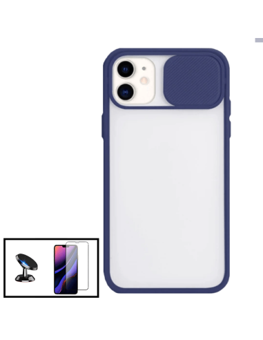 Kit Capa Slide Window Anti Choque Frosted + Película 5D Full Cover + Suporte Magnético de Carro para Apple iPhone SE 2022 - Azul