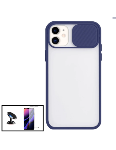 Kit Capa Slide Window Anti Choque Frosted + Película 5D Full Cover + Suporte Magnético de Carro para iPhone 11 - Azul Escuro