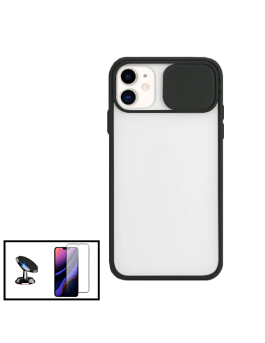 Kit Capa Slide Window Anti Choque Frosted + Película 5D Full Cover + Suporte Magnético de Carro para iPhone 12 Mini - Preto