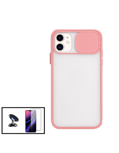 Kit Capa Slide Window Anti Choque Frosted + Película 5D Full Cover + Suporte Magnético de Carro para iPhone 12 Mini - Rosa