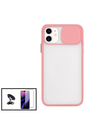 Kit Capa Slide Window Anti Choque Frosted + Película 5D Full Cover + Suporte Magnético de Carro para iPhone XR - Rosa