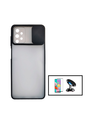 Kit Capa Slide Window Anti Choque Frosted + Película 5D Full Cover + Suporte Magnético de Carro para Samsung Galaxy A52 - Preto