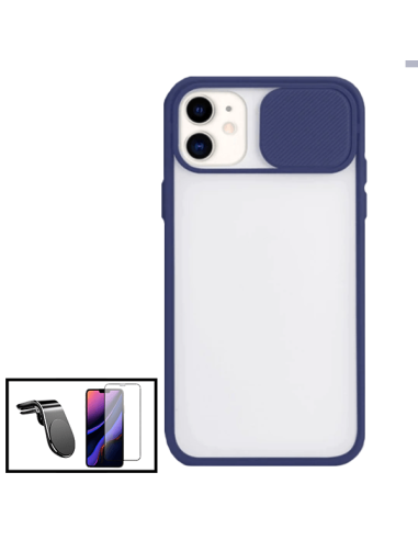 Kit Capa Slide Window Anti Choque Frosted + Película 5D Full Cover + Suporte Magnético L Safe Driving Carro para iPhone 11 - Azu