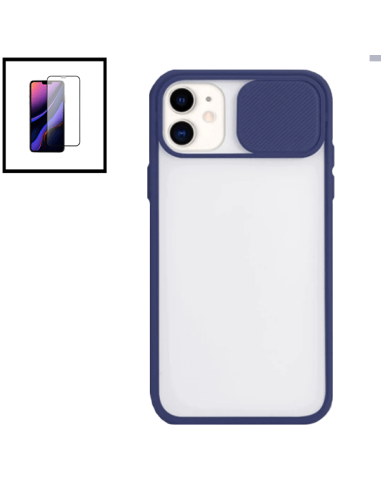 Kit Capa Slide Window Anti Choque Frosted + Película 5D Full Cover para Apple iPhone SE 2022 - Azul Escuro
