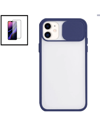 Kit Capa Slide Window Anti Choque Frosted + Película 5D Full Cover para iPhone 11 - Azul Escuro