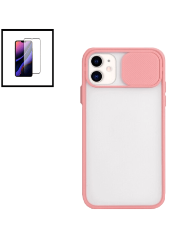 Kit Capa Slide Window Anti Choque Frosted + Película 5D Full Cover para iPhone 11 - Rosa