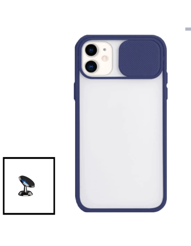 Kit Capa Slide Window Anti Choque Frosted + Suporte Magnético de Carro para iPhone 11 - Azul Escuro