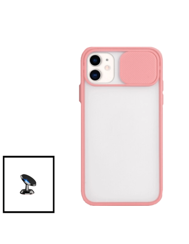 Kit Capa Slide Window Anti Choque Frosted + Suporte Magnético de Carro para iPhone 11 - Rosa