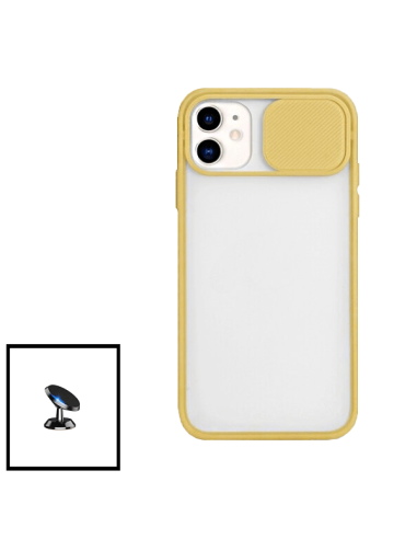 Kit Capa Slide Window Anti Choque Frosted + Suporte Magnético de Carro para iPhone SE 2020 - Amarelo