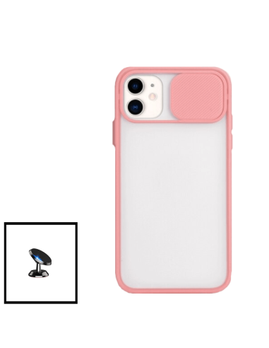 Kit Capa Slide Window Anti Choque Frosted + Suporte Magnético de Carro para iPhone XR - Rosa
