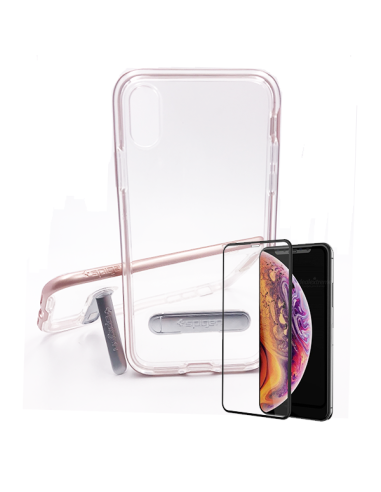 Kit Capa Spigen Crystal Hybrid + Película de Vidro Temperado Full Cover para iPhone XR - Rosa