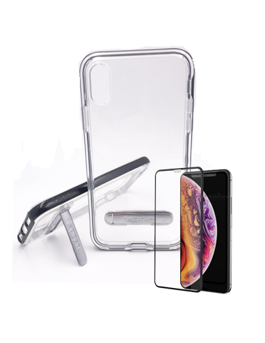 Kit Capa Spigen Crystal Hybrid + Película de Vidro Temperado Full Cover para iPhone XS Max - Preto