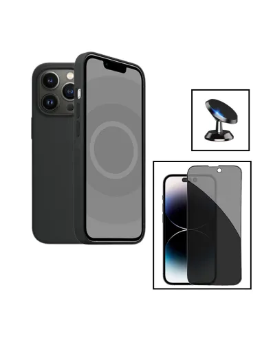 Kit Vidro Anti-Spy + Capa Silicone Líquido + Suporte Magnético para Apple iPhone 15 - Preto