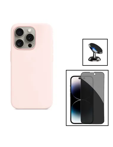 Kit Vidro Anti-Spy + Capa Silicone Líquido + Suporte Magnético para Apple iPhone 15 - Rosa