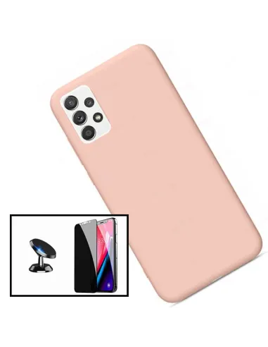 Kit Vidro Anti-Spy + Capa Silicone Líquido + Suporte Magnético para Samsung Galaxy A32 - Rosa