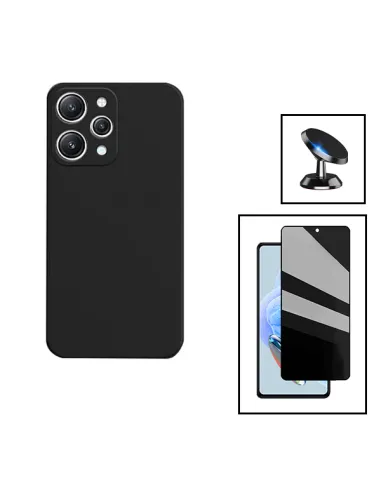 Kit Vidro Anti-Spy + Capa Silicone Líquido + Suporte Magnético para Xiaomi Redmi 12 - Preto