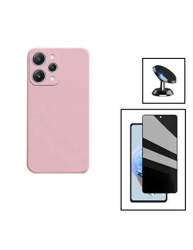 Kit Vidro Anti-Spy + Capa Silicone Líquido + Suporte Magnético para Xiaomi Redmi 12 - Rosa