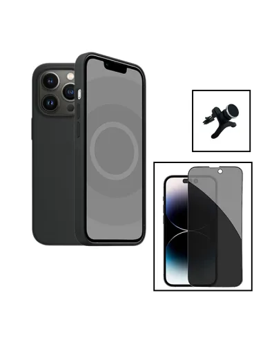 Kit Vidro Anti-Spy + Capa Silicone Líquido + Suporte Magnético Reforçado para Apple iPhone 15 Plus - Preto