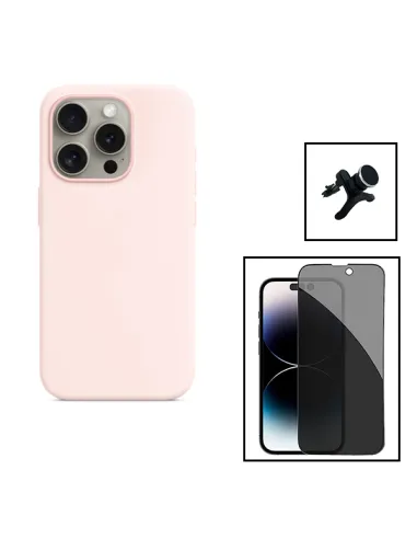 Kit Vidro Anti-Spy + Capa Silicone Líquido + Suporte Magnético Reforçado para Apple iPhone 15 Plus - Rosa