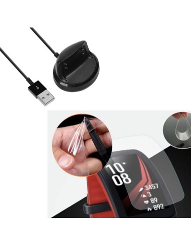 Kit Carregador Usb Charger + Película Protectora Ecrã Gel Full Cover para Samsung Gear Fit 2