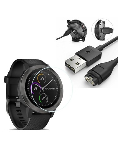 Kit Carregador Usb Charger + Película Protectora Ecrã Vidro para Garmin VivoActive 3