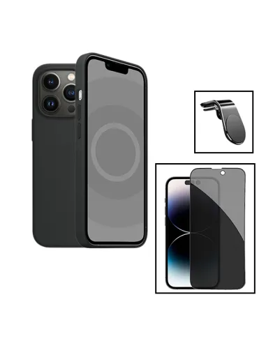 Kit Vidro Anti-Spy + Capa Silicone Líquido + Suporte Magnético L para Apple iPhone 15 - Preto