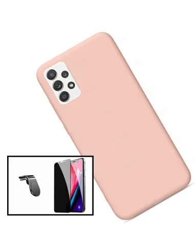 Kit Vidro Anti-Spy + Capa Silicone Líquido + Suporte Magnético L para Samsung Galaxy A32 - Rosa