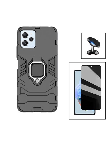 Kit Película 5D Anti-Spy + Capa 3X1 Military Defender + Suporte Magnético de Carro para Xiaomi Redmi 12 - Preto