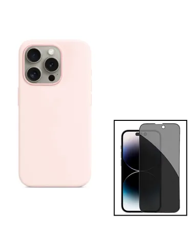 Kit Vidro Anti-Spy + Capa Silicone Líquido para Apple iPhone 15 - Rosa