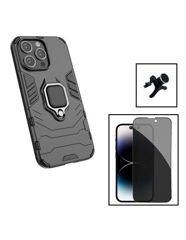 Kit Película 5D Anti-Spy + Capa 3X1 Military Defender + Suporte Magnético de Carro Reforçado para Apple iPhone 15 - Preto