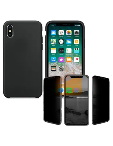 Kit Película de Vidro anti-spy + Capa Silicone Líquido para iPhone X / XS