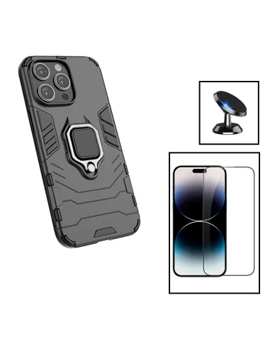 Kit Vidro Premium Full Cover + Capa Military  + Suporte Magnético para Apple iPhone 15 - Preto