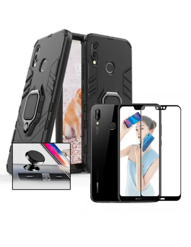 Kit Vidro Premium Full Cover + Capa Military  + Suporte Magnético para Huawei P20 Lite