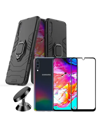 Kit Vidro Premium Full Cover + Capa Military  + Suporte Magnético para Samsung Galaxy A70