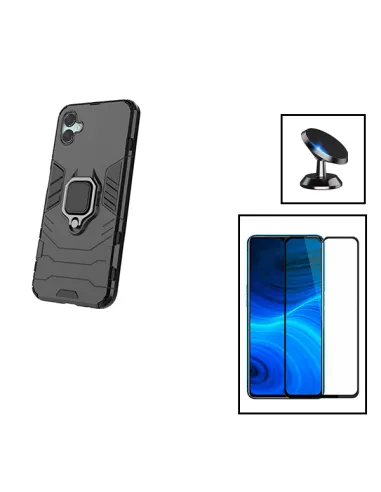 Kit Vidro Premium Full Cover + Capa Military  + Suporte Magnético para Samsung Galaxy F04 - Preto