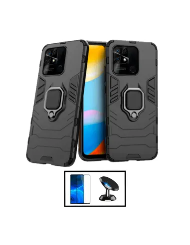 Kit Vidro Premium Full Cover + Capa Military  + Suporte Magnético para Xiaomi Redmi 10C - Preto