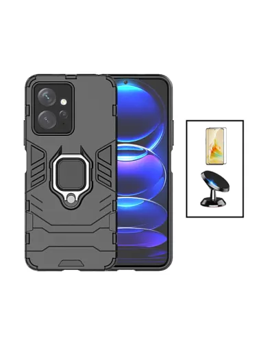 Kit Vidro Premium Full Cover + Capa Military  + Suporte Magnético para Xiaomi Redmi Note 12 4G - Preto